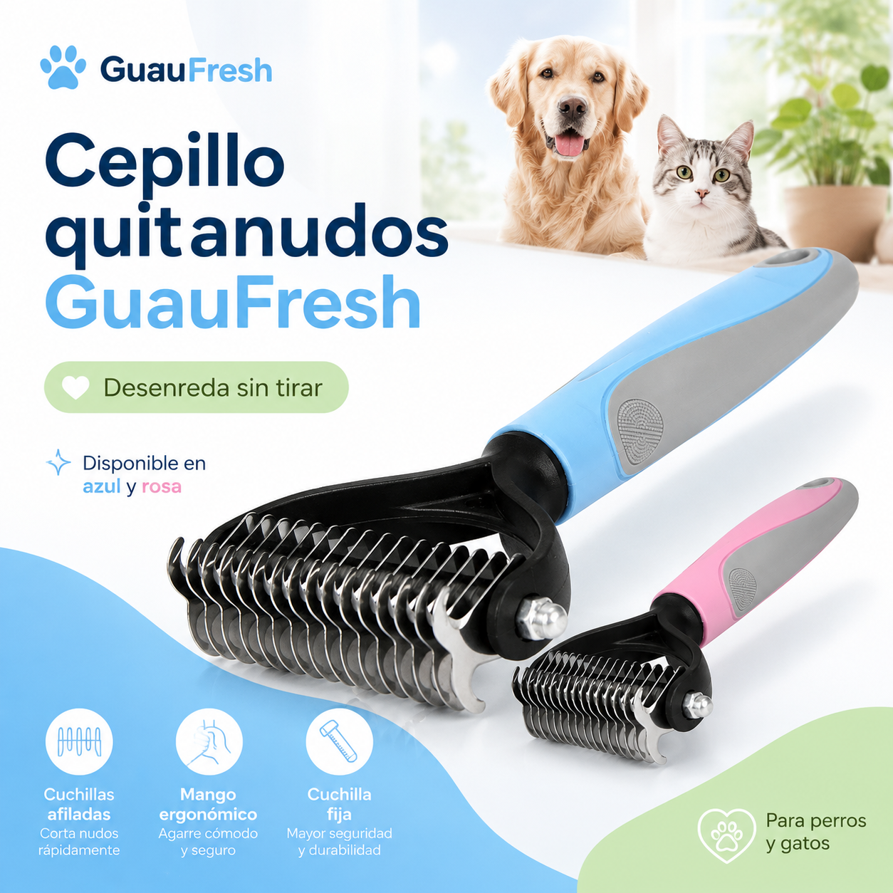 GuauFresh Cepillo Deslanador Profesional 🐾 — Rastrillo Doble Cara para Perros y Gatos