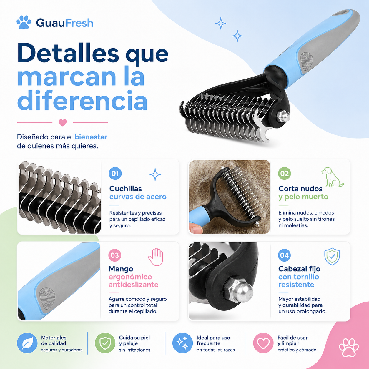 GuauFresh Cepillo Deslanador Profesional 🐾 — Rastrillo Doble Cara para Perros y Gatos