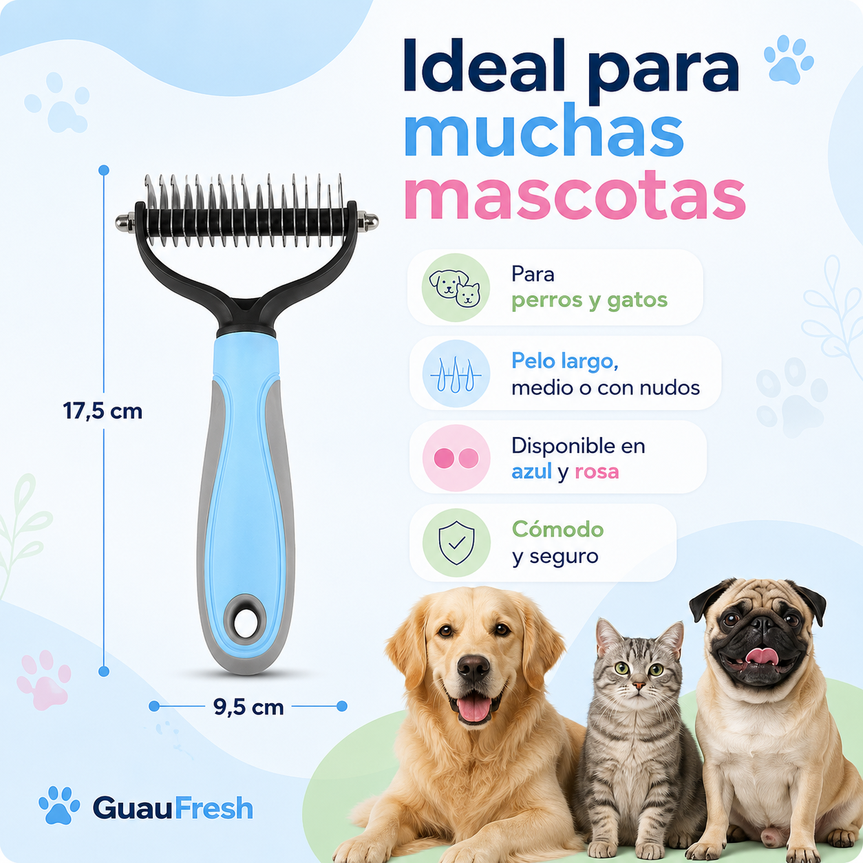 GuauFresh Cepillo Deslanador Profesional 🐾 — Rastrillo Doble Cara para Perros y Gatos
